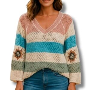POL Crochet Knit Sweater Striped V Neck Granny Square Boho Chic Pullover